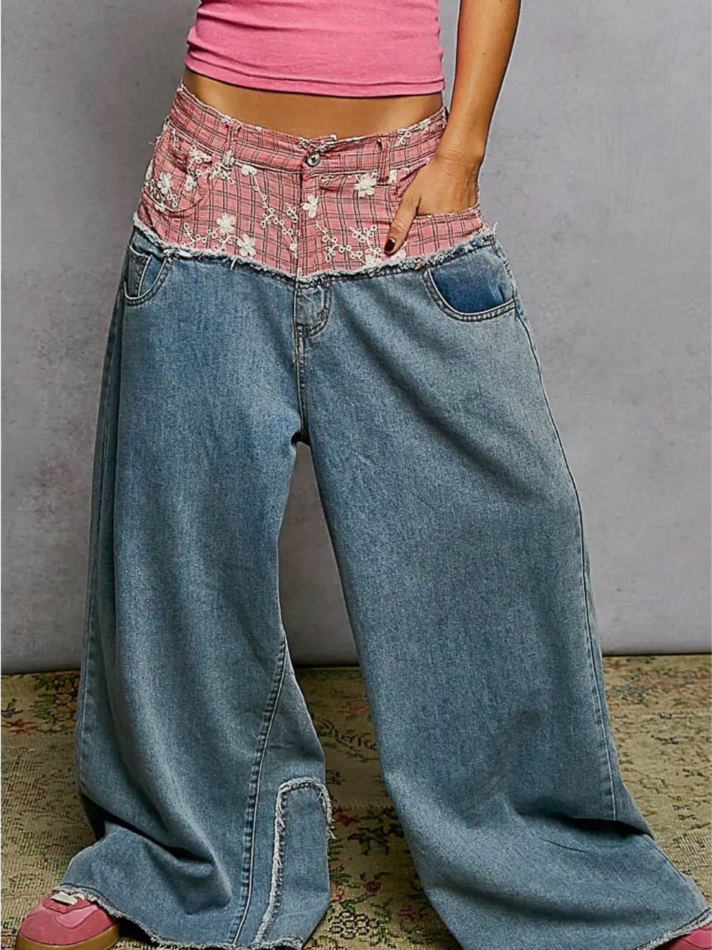 POL Wide Leg Women Jeans with Pink Embroidered Waist